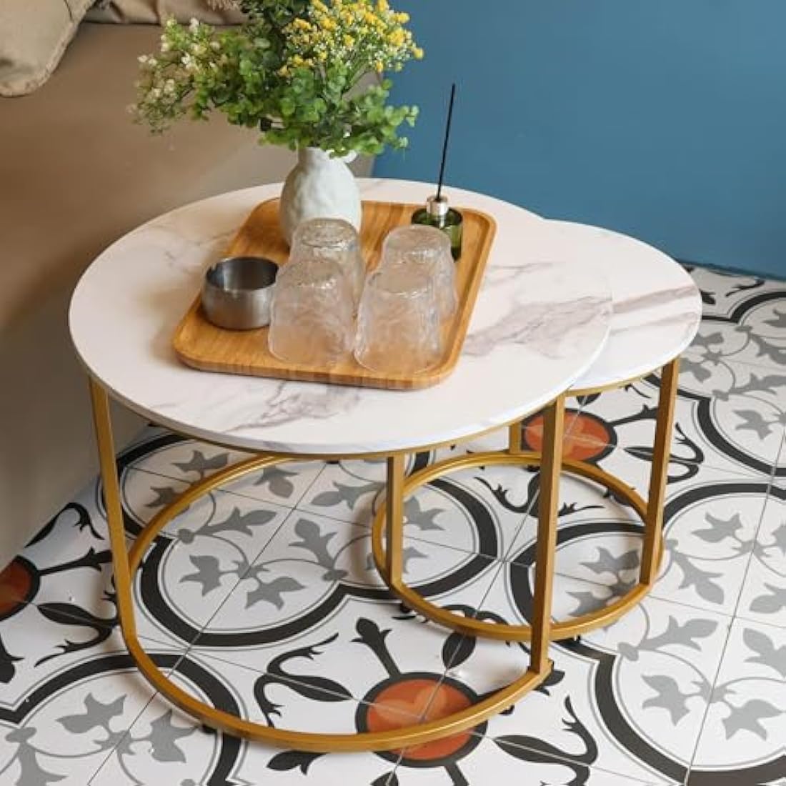 Huhote Round Coffee Tables, Set of 2 End Table, Nesting Tables, Side Table with Metal Frame for Living Room/Bedroom/Balcony/Office/Apartment, Diameter 23.6/15.7 IN (Gold Frame, White Marble Top)