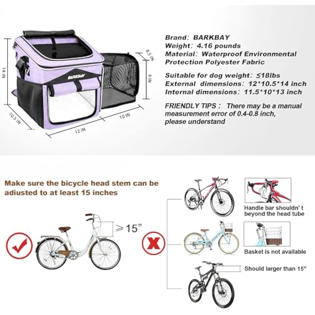BARKBAY Dog Bike Basket Carrier, Expandable Foldable Soft-Sided Dog Carrier, 2 Open Doors, 5 Reflective Tapes, Pet Travel Bag, Safe and Easy for Small Medium Cats and Dogs (Purple)