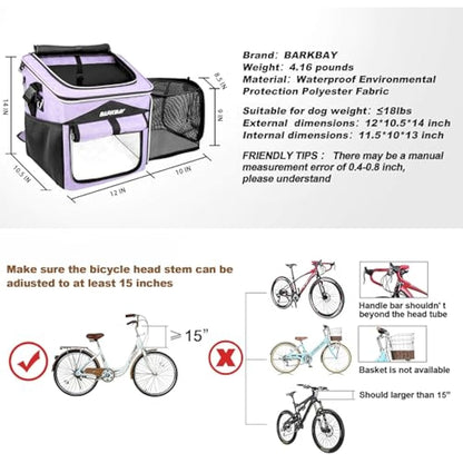 BARKBAY Dog Bike Basket Carrier, Expandable Foldable Soft-Sided Dog Carrier, 2 Open Doors, 5 Reflective Tapes, Pet Travel Bag, Safe and Easy for Small Medium Cats and Dogs (Purple)