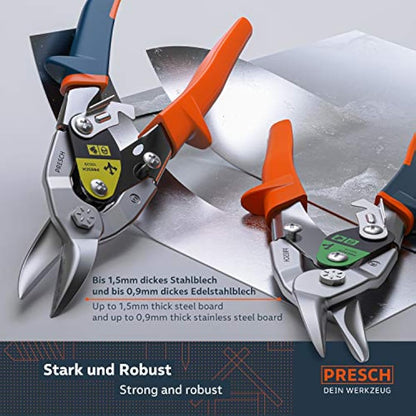Presch Tin Snips Set Straight and Right Cut - Heavy Duty Aviation Snips - Drywall Construction Tool Set for Cutting Metal with Lever Transmission - Tin Cutter Kit
