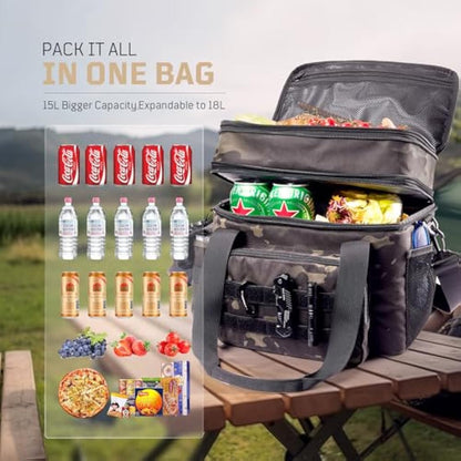 1TG Tactical Insulated Lunch Bag, Expandable Lunch Box for Men, Leakproof Large Cool Bag with Shoulder Stap, Reusable Lunch Tote Bag for Work Travel Camping Picnic Beach, 18L-24L