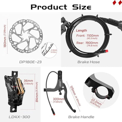 DYISLAND E-Bike Hydraulic Disc Brake Set 4-Pistons/2-Pistons, 2-PIN/3-PIN Pre-Bled with Mineral Oil Brakes Kit，Front and Rear Set，with 180mm 2.3mm Thick Rotors