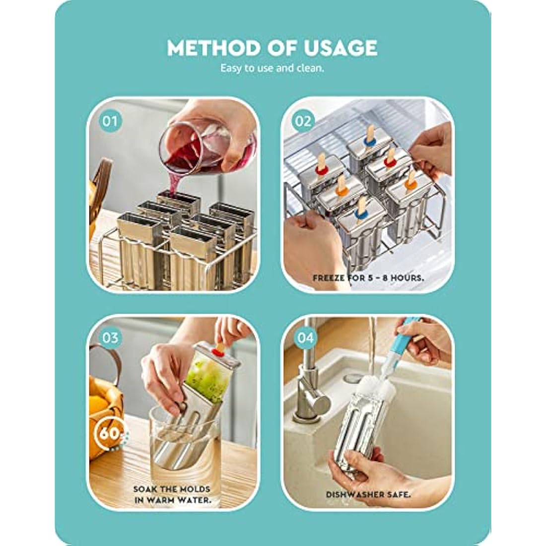 Baffect Stainless Steel Popsicle Mould with Stick Holder Ice Cream Mould Set of 6 (Round)
