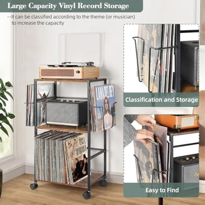 Bikoney Vinyl Record Storage, Rolling Side Table with Player Stand, Large End Table Cart Up to 150 Albums, Turntable Holder with 2 Display - Vinyl Storage for Living Room Bedroom Office
