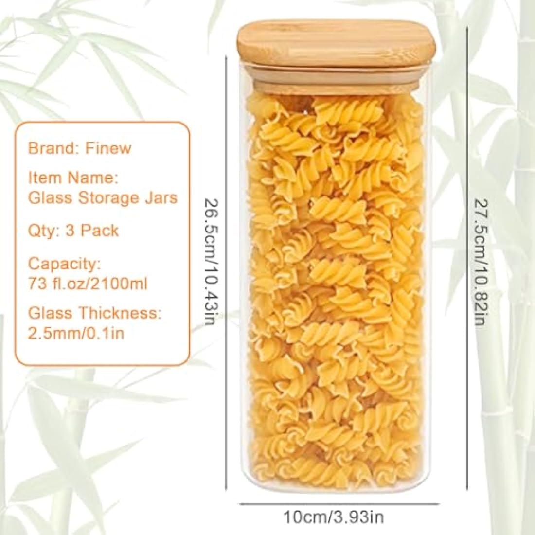 Finew 2100ml Glass Storage Jars with Lids, 3 Pack Airtight Glass Jars & Canisters, Square Spice Jars for Pasta Flour Spices Cookie Sugar Tea Coffee Beans