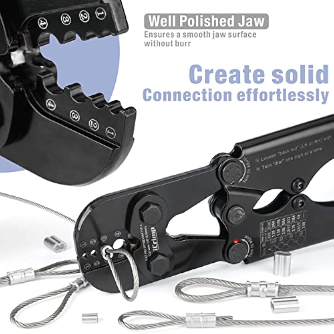 iCrimp Hand Swage Wire Rope Crimping Tool, Compatible with Aluminum Duplex Hourglass Sleeves and Copper Duplex Sleeves, Built-in Cable Cutter for 1.2mm to 3.5mm Wire Rope