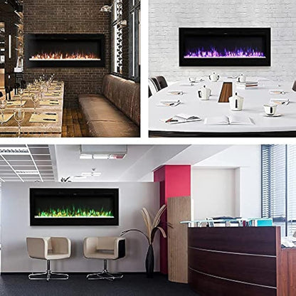 INMOZATA Electric Fire Wall Mounted Recessed Insert 40 50 60 inch Electric Fireplace with Touch Remote Control 9 LED Color Flame Effect Electric Fire Heater, Crystal and Log Set