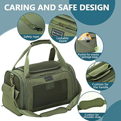 Petsfit Cat Carrier Large,Small Dog Travel Carrier with Soft Expandable Mat, Airline Approved Collapsible Transport Bag with Ventilation Quadrangle Oxford Fabric, Portable Cat Bag, Green