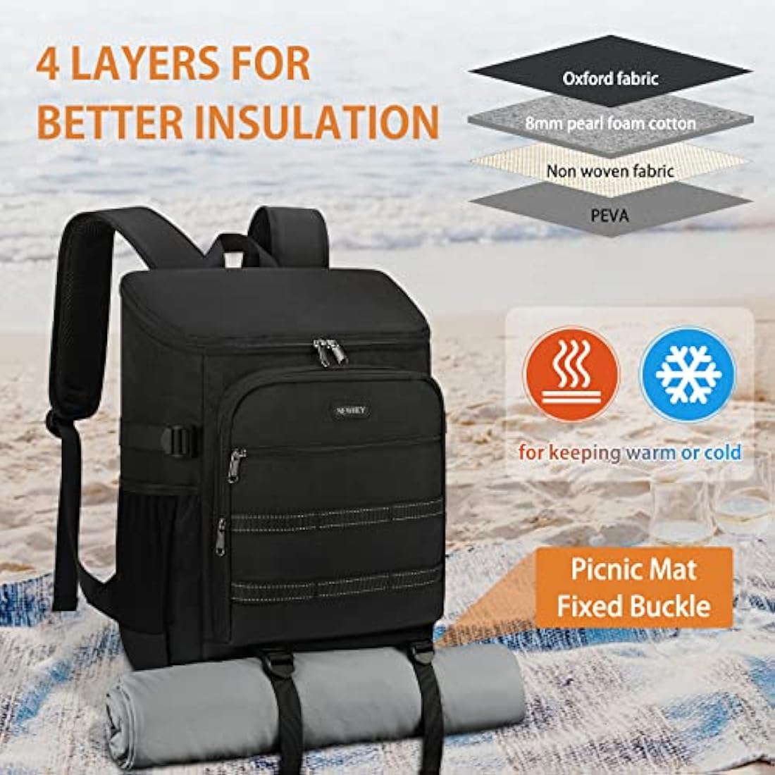 NEWHEY Cooler Bag Picnic Backpack Insulated Large Waterproof Cooler Backpack 30L Leakproof Picnic Linch Bag for Camping Picnic Hiking BBQ Beach Black