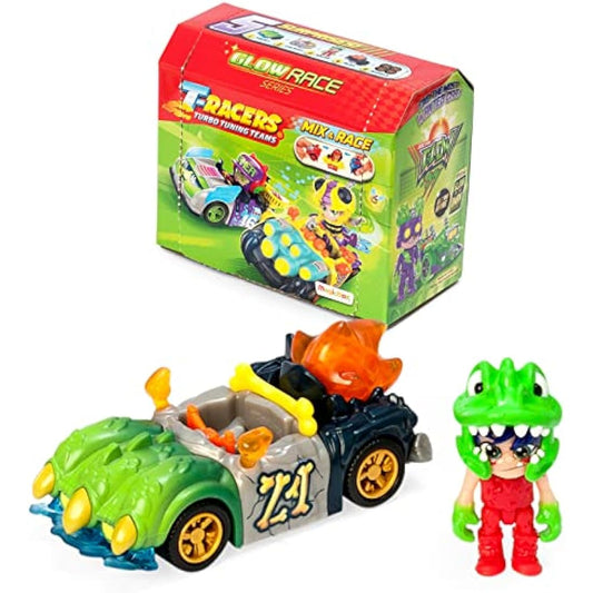 T-RACERS Glow Race Series – Collectible surprise car and driver. Car can be taken apart piece by piece, and parts are interchangeable