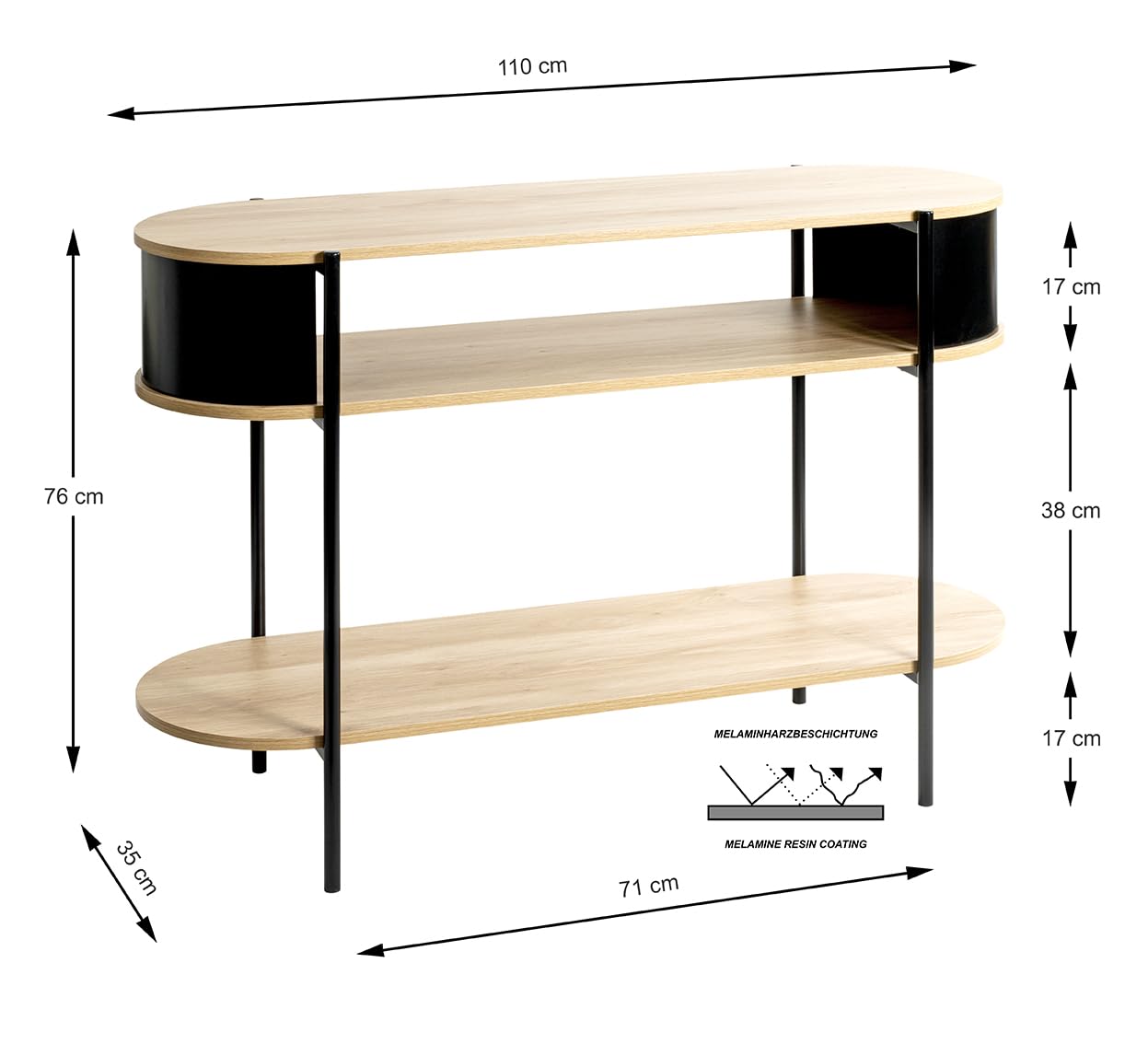 HAKU console, oak, black, metal, chipboard. Dimensions: W 110 x H 76 x D 39 cm. Style: Modern
