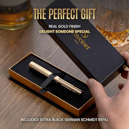 Scriveiner Heavy Gold Rollerball Pen, Award Winning Luxury Pocket Pen with Real Gold Plating Plated Finish, German Schmidt Refill, Best EDC Writing Pen Gift Set for Men & Women, Nice Fancy Office Pen