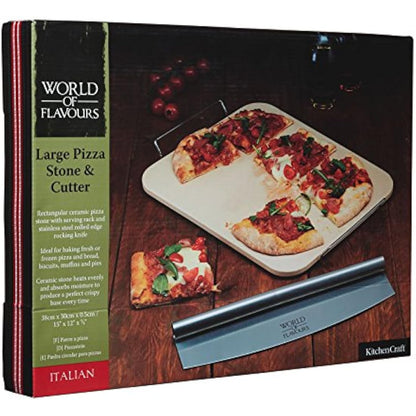 KitchenCraft World of Flavours Rectangular Ceramic Pizza Stone and Rocking Pizza Cutter Set, 2 Pieces