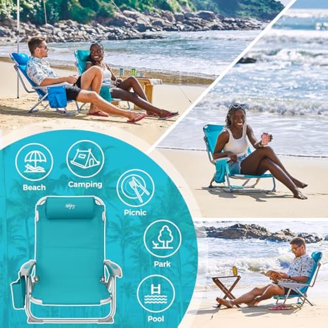 #WEJOY 4-Position Folding Beach Chair - Lightweight Aluminum Camping Chair for Adults, High Back Recliner with Pillow & Storage Pocket, Portable