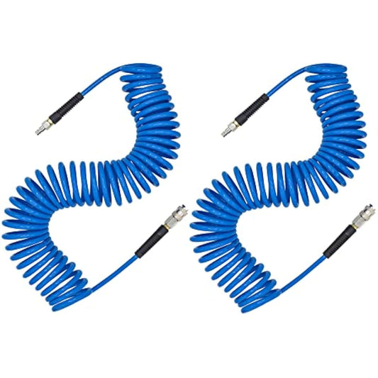 YOTOO 2 Pcs Air Compressor Hose Polyurethane Recoil 10m Long 6mm ID x 9.5mm OD with Bend Restrictor, 1/4" Europe Quick Coupler and Plug, Blue