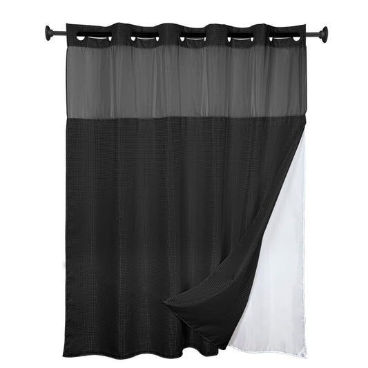 goodbath No Hook Shower Curtain and Liner Set,Luxury Waffle Bath Curtains for Bathroom Hotel, Mesh Top Window,Double Layer,180x188cm,Black