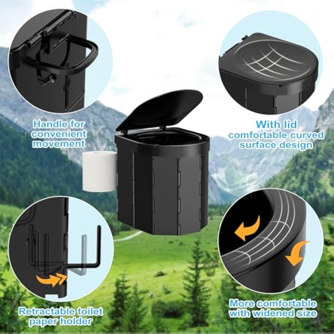 WADEO Upgraded Camping Toilet, Portable Travel WC with Lid Toilet Roll Holder, Perfect for Camping, Trip, Car (Black - Female Urinal + Chemical Bags)