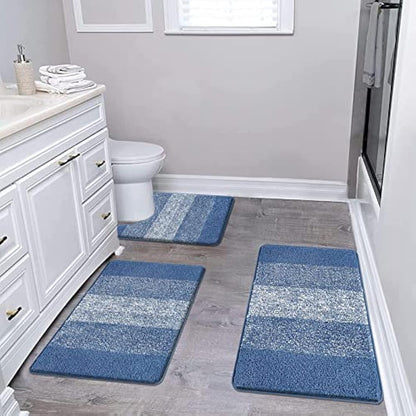 Enyhom Microfiber 3 Piece Bath Mat Sets Non Slip Bath Rugs and Pedestal Mats for Bathroom Washable Absorbent Bathroom Floor Carpet Rug Toilet Rug, Blue