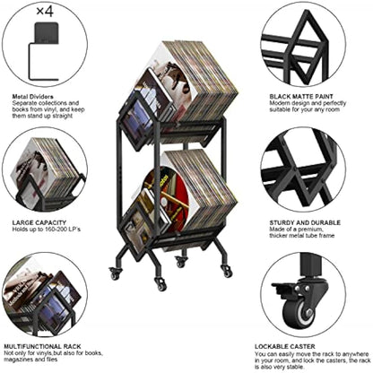 VEDECASA DJ Vinyl Record Storage Holder Rack LP Storage Display Stand with Casters Easy to Move Mobile Book Albums Storages Magazine Holder Office Files Organizer Shelf