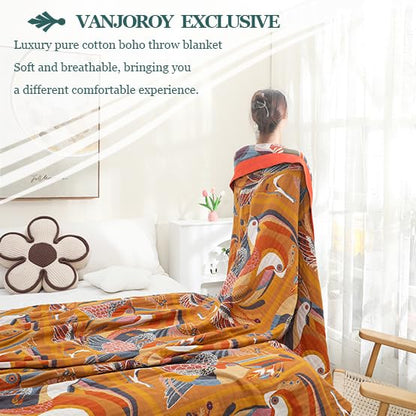 VANJOROY Double-sided Sofa Large Bed Throw Blanket, 100% Organic Cotton Thick Warm Soft Bohemian Throw for 2 3 Seater Armchair Couch and Bed.