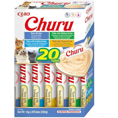 Churu by INABA Cat Treat - Tuna Variety Box - 1 Pack (20 x 14g total) / Soft & Creamy Cat Treat, Delicious & Healthy Snack, Purée Food Topper, Natural, Grain Free