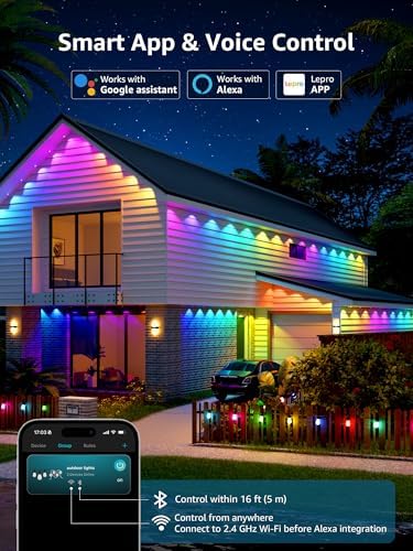 Lepro E1 AI Permanent Outdoor Lights 30m, Smart Outdoor Lights for Eaves, Waterproof, Tunable White & Colour Changing, AI Lighting Design Assistant, Works with Alexa, 2.4G WiFi & Bluetooth, No Remote