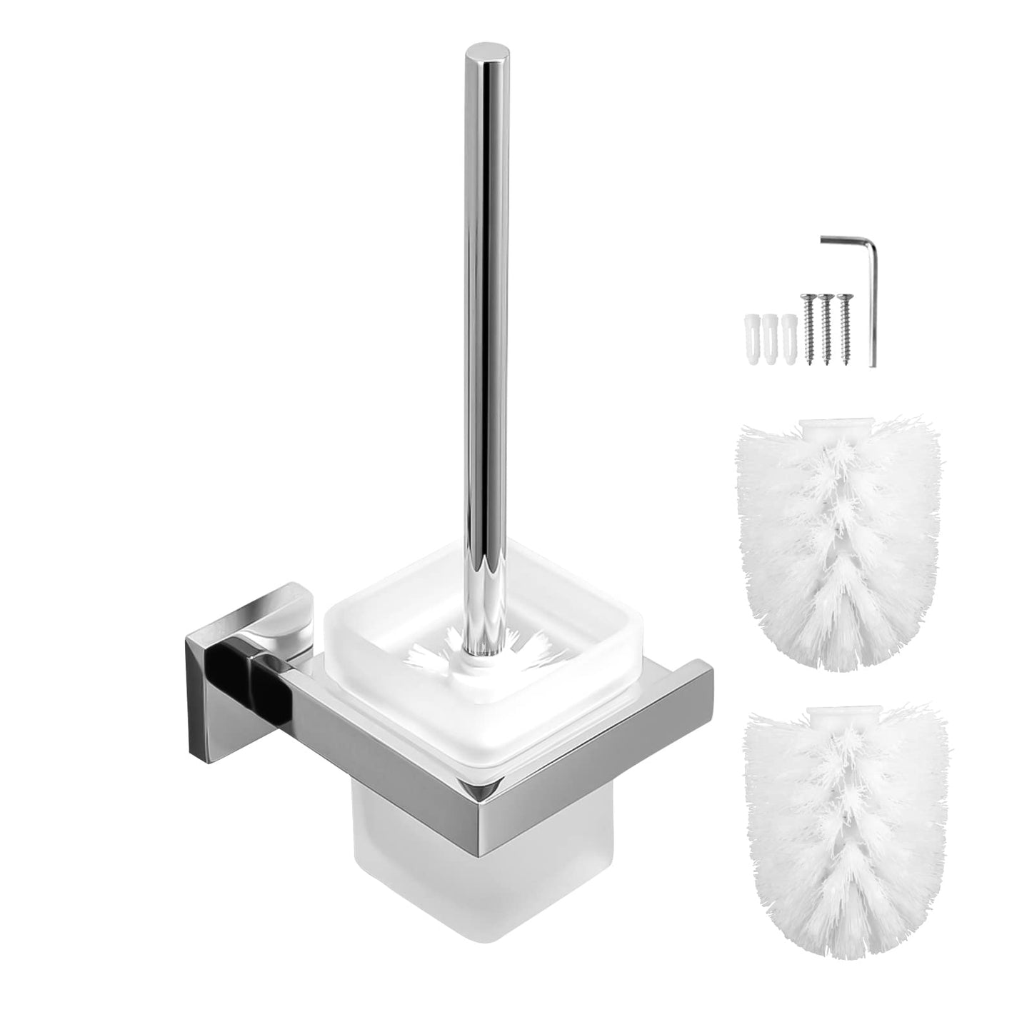 EXLECO Glass Toilet Brush with Holder, 2 Replacement Brushes, Wall Mounted, Matt Glass, Stainless Steel, Nylon Bristles, Modern Bathroom Accessories