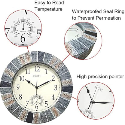 OCEST 13 Inch Garden Clocks Outdoor Waterproof, Large Retro Wall Clock with Thermometer Battery Operated Non Ticking Decorative for Patio Pool Kitchen