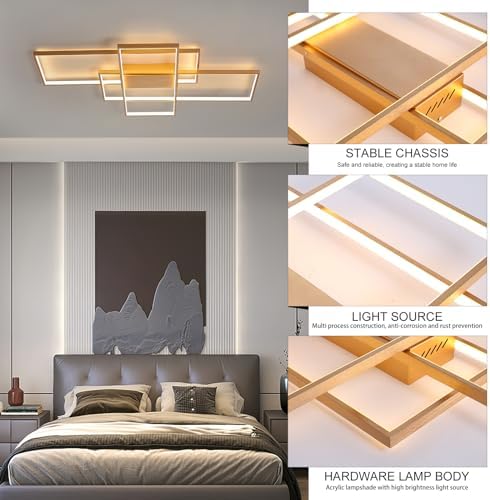 JIINOO Dimmable LED Ceiling Light, 110cm Flush Mounted Ceiling Light with Remote Control, 70W Square Acrylic Modern Simple Design Fixture for Bedroom Living Room, Gold