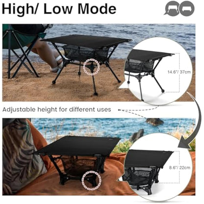ONETIGRIS Dipper Camping Table, Lightweight Portable Folding Table with Mesh Storage Net, High/Low Options, Ideal for Camping, Hiking, Tailgating, Beach, Picnic, Travel, Backyard