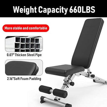 leikefitness Adjustable Weight Bench, Foldable Workout Training Bench with Automatic Locking for Upright Tilt and Flat Full Body Exercise