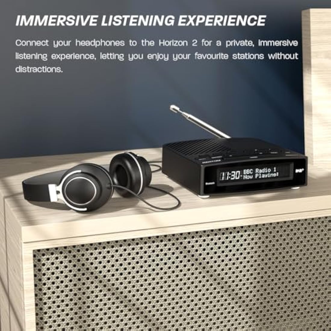 AZATOM Horizon 2 Black DAB+ & FM Radio, Dual Alarm Clock, Bluetooth, USB Mobile Charger, Mains & Battery Powered, Headphone Aux Input