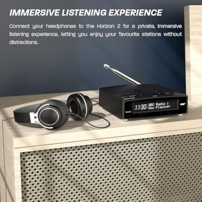 AZATOM Horizon 2 Black DAB+ & FM Radio, Dual Alarm Clock, Bluetooth, USB Mobile Charger, Mains & Battery Powered, Headphone Aux Input