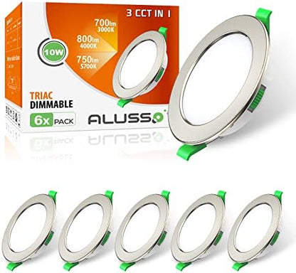ALUSSO LED Recessed Ceiling Spot Lights Dimmable, 10W IP44 Ultra Slim Downlights 230V 800LM, Warm White 3000K Neutral White 4000K Cool White 6500K Adjustable Lights for Living Room Bathroom, 6 Pack