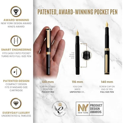 Scriveiner Luxury EDC Fountain Pen (Fine), Stunning Black Pocket Pen, Real Gold Plating, Schmidt Gilded Nib, Converter, Best Writing Pen Gift Set for Men & Women, Nice Fancy Office Designer Pen