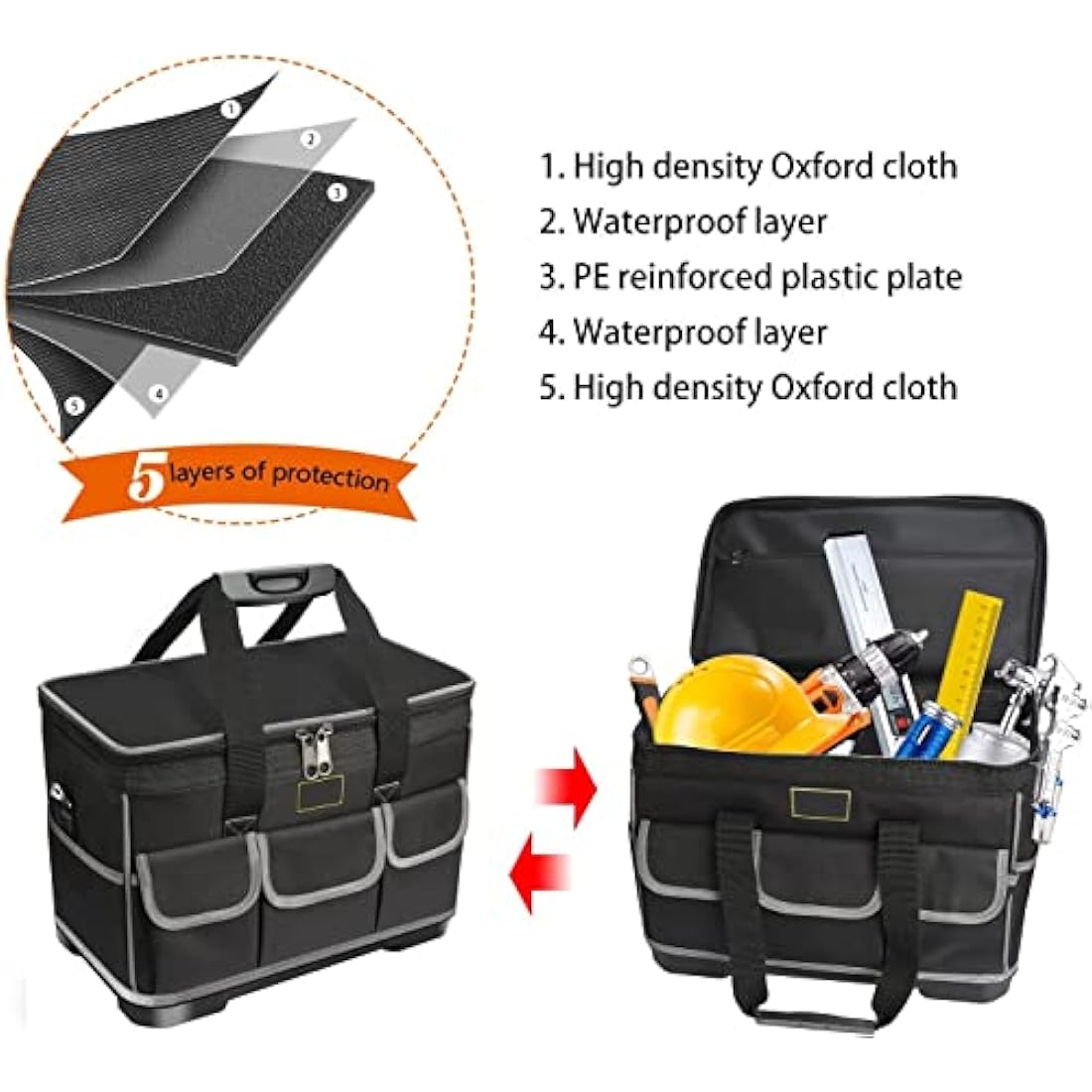 Noosverl Tool Bag, Multifunctional Rigid Tool Bag Organiser Toolcase with Adjustable Shoulder, Black, 40 x 23 x 28 cm,electrician tool bag