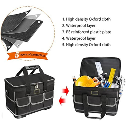 Noosverl Tool Bag, Multifunctional Rigid Tool Bag Organiser Toolcase with Adjustable Shoulder, Black, 40 x 23 x 28 cm,electrician tool bag