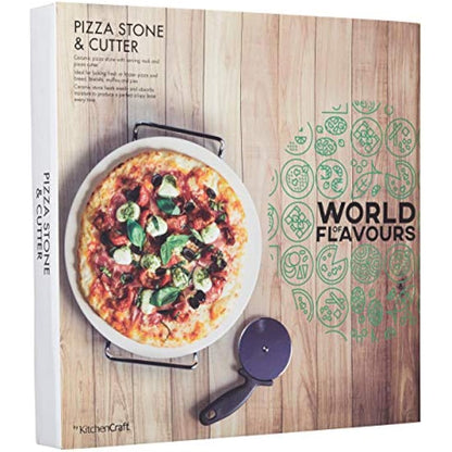 KitchenCraft World of Flavours Rectangular Ceramic Pizza Stone and Rocking Pizza Cutter Set, 2 Pieces