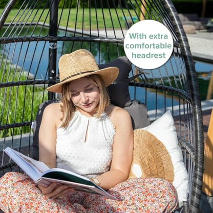 Vita5 Hanging Egg Chair Indoor&Outdoor - Swing Chair with Frame Polyrattan with Cushion - Hanging Chair Outdoor and Indoor - Foldable Hammock Chair - Maximum Load 150kg - Dark grey