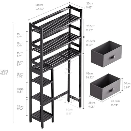 SMIBUY Over-The-Toilet Storage Rack, 6-Tier Bamboo Large Bathroom Organizer with Side Shelves and 2 Drawers, Stable Freestanding Space Saver for Bathroom, Laundry Room(Black)