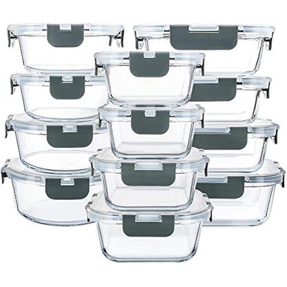 MCIRCO 24-Piece Glass Food Storage Containers with Snap Locking Lids, Glass Meal Prep Containers Set, Airtight Lunch Containers, Microwave, Oven,Freezer and Dishwasher Friendly