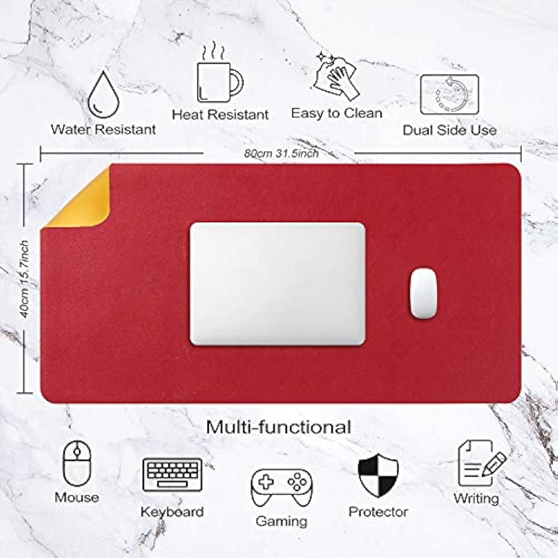 Desk Pad Large, Desk Mat, Extended Mouse Mat, Mouse Pad XL, Desk Blotter, DOBAOJIA Laptop Pad Writing Pad for Office/Home, Dual-Side Use PU Leather Waterproof 31.5" X 15.7" (Red/Yellow)