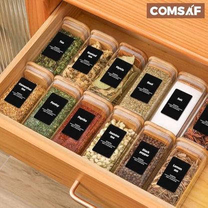 ComSaf 16Pcs Glass Spice Jars with Bamboo Lid, 10oz/300ml Airtight Square Containers with 275 Black Lables, Empty Seasoning Jars for Spice Salt Sugar