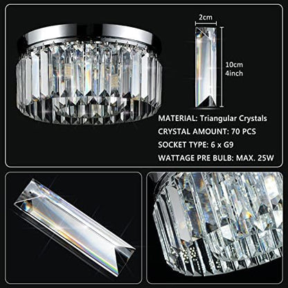 Rayofly Modern Crystal Chandeliers Ceiling Lights, 2-Tiers Crystal Flush Ceiling Lights, Chrome, 6-Lights G9, Elegant Glass Crystal Chandelier Lamps for Living Room, Hall, Bathroom, Bedroom, Foyer