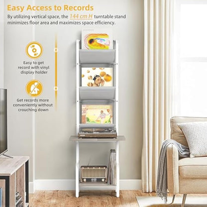 Bikoney Vinyl Record Storage with Player Stand, Turntable Stand and Display Shelf for Up to 200 Albums, Vinyl Record Holder Cabinet with Wall Mount for Living Room or Bedroom White