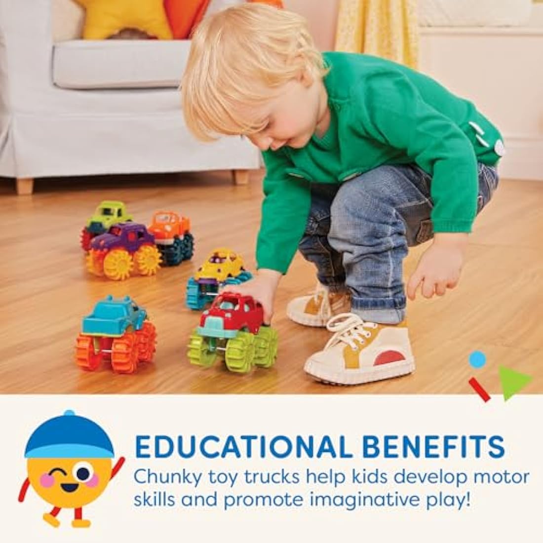 Battat – Plastic Toy Cars – 6 Pack & Storage Bag – Colorful Toddler Trucks – Easy To Clean – 2+ Years – Mini Monster Trucks