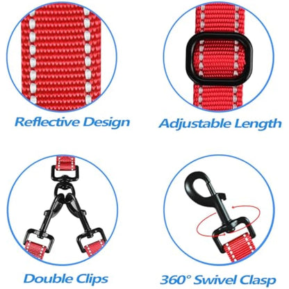 PetBonus Double Dog Leash, No Tangle Dual Leash, Reflective Walking Training Lead, 4 Comfortable Padded Handles for 2 Dogs with Collapsible Bowl and Waste Bags (Red, Large)