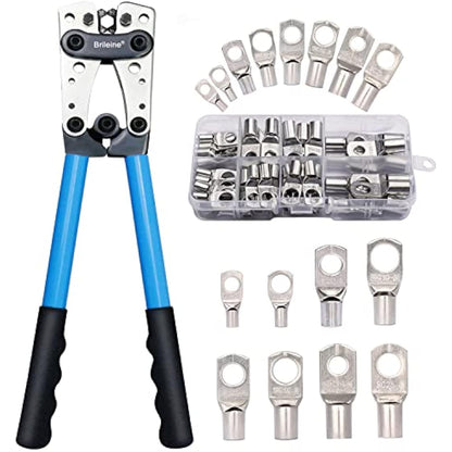 Brileine Battery Cable Crimping Tool Kit from AWG 1/0-8 with 60PCS Copper Ring Terminals 8 Sizes Battery Cable Lug Crimper for Heavy Duty Wire Lugs, Battery Terminal, Copper Lugs(Set Blue)