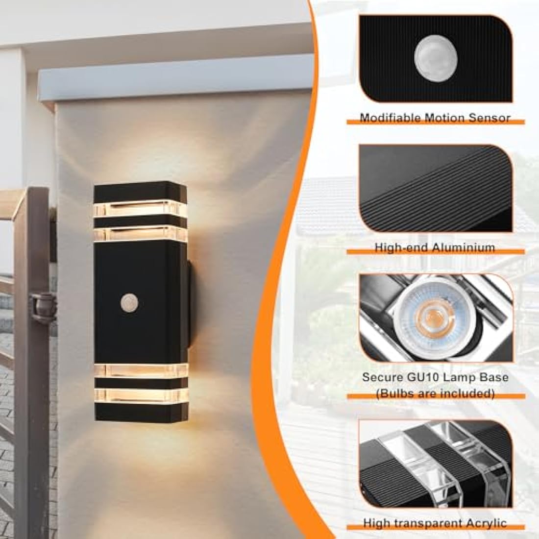 CELAVY Up Down Outside Lights with Motion Sensor, PIR Outdoor Wall Light Mains Powered, IP65 Square Front Door Porch Light Electric, GU10 Modern LED External Lamp Exterior Sconce for House, Black