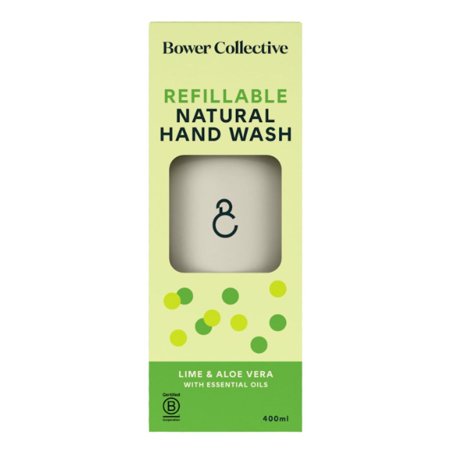 Bower Collective Natural Hand Wash Starter Pack, Lime & Aloe Vera Liquid Hand Wash, Reusable Dispenser with 400ml Refillable Bathroom Soap,